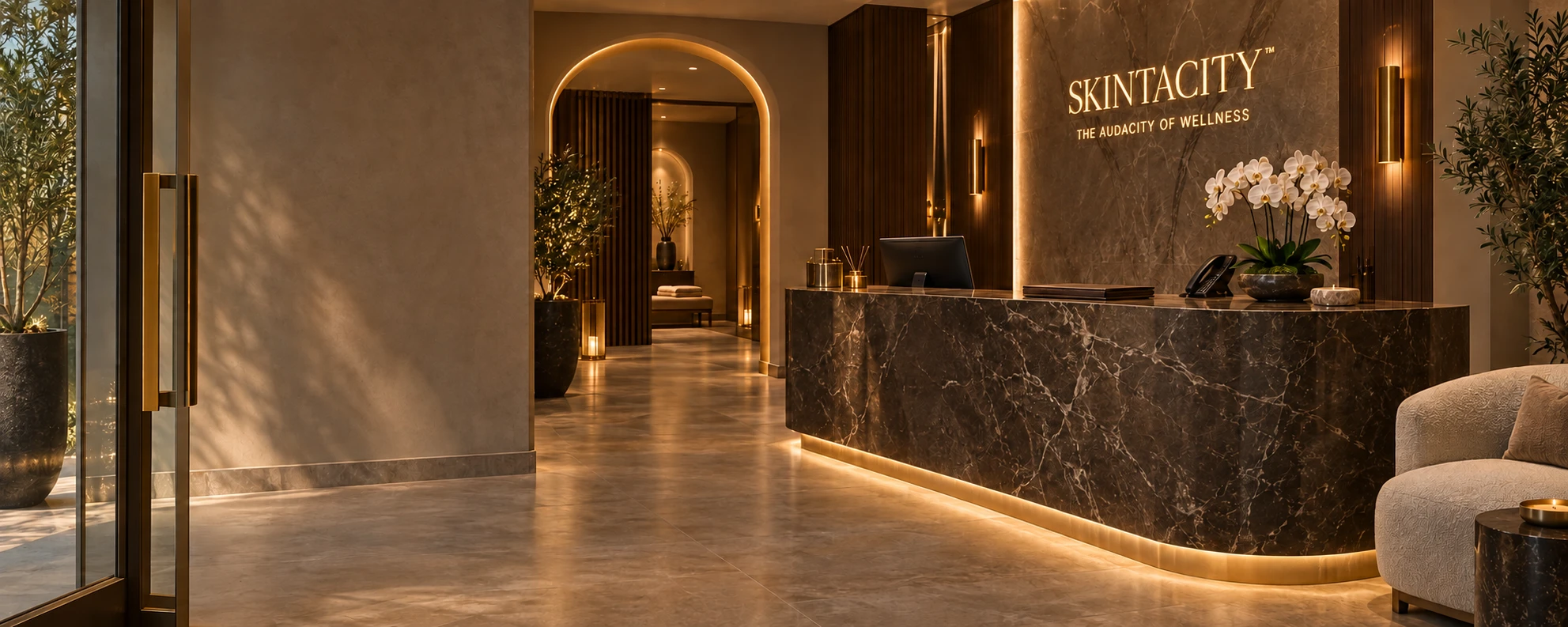 The SKINTACITY reception, with a marble desk beneath the SKINTACITY sign and white orchids.