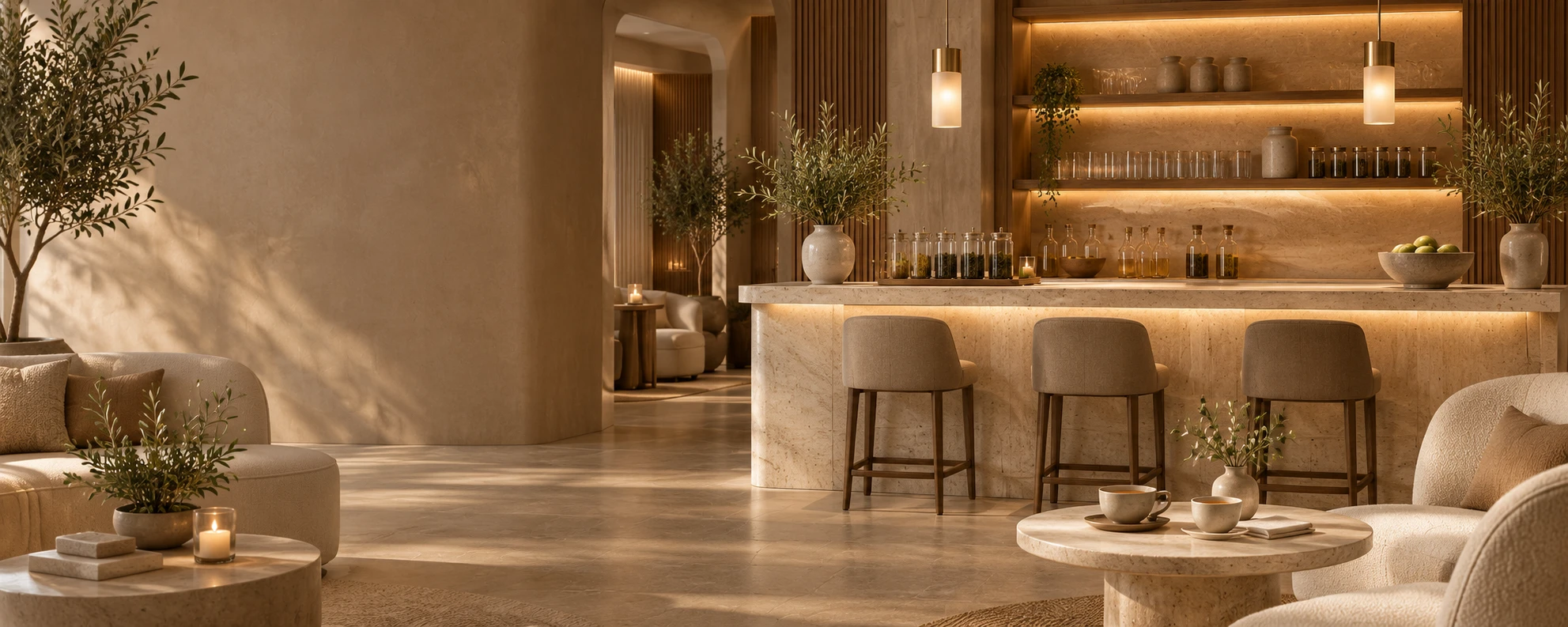 The SKINTACITY Elixir Bar lounge, with counter seating and soft armchairs in warm light.