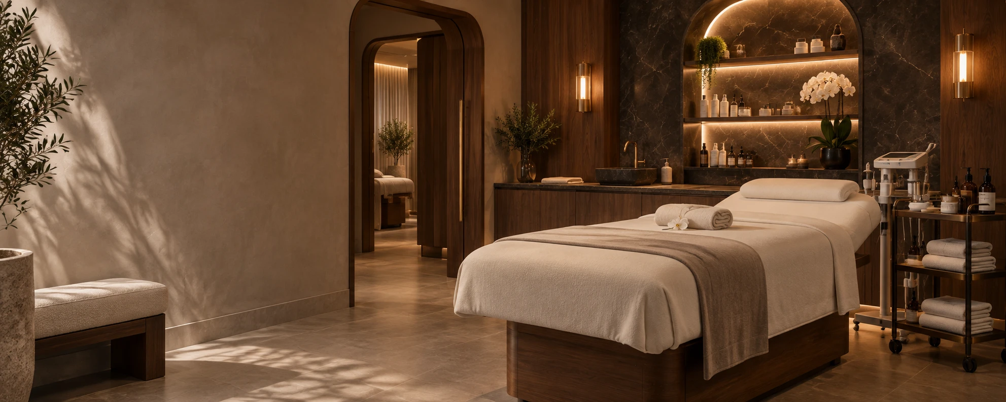 A SKINTACITY treatment room, with a dressed treatment bed, product shelves and warm low lighting.